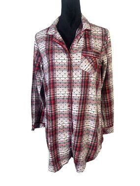 Victoria's Secret Pink Plaid Flannel Sleep Shirt Small Polka Dot Button Up Long